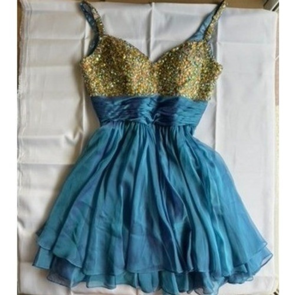 La Femme Y2K Jeweled Cocktail Dress 8 Blue Teal Sequin Bodice Chiffon Babydoll